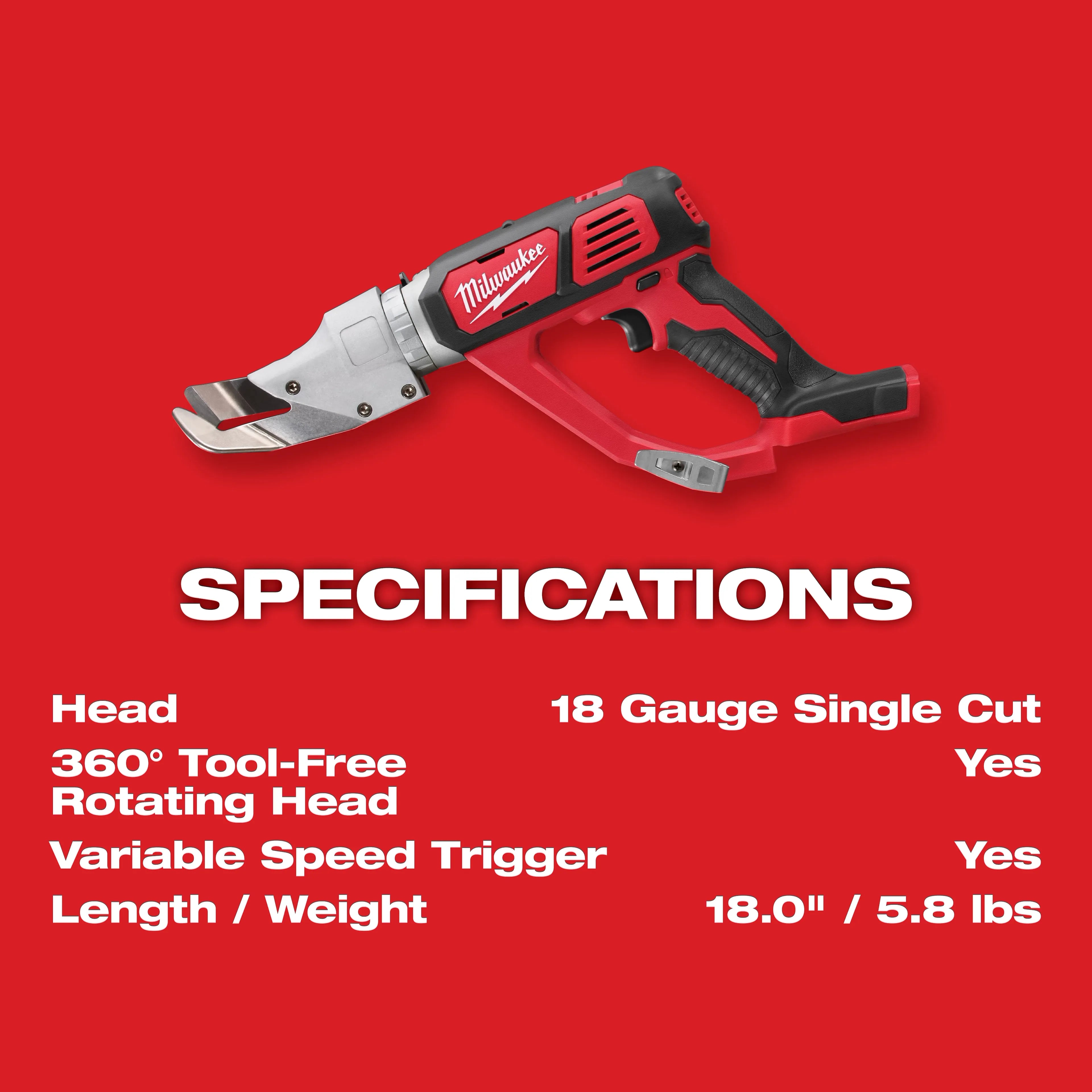 Milwaukee 2637-20 M18 18 Gauge Single Cut Shear (Tool Only) - Ace Tool Group - Milwaukee
