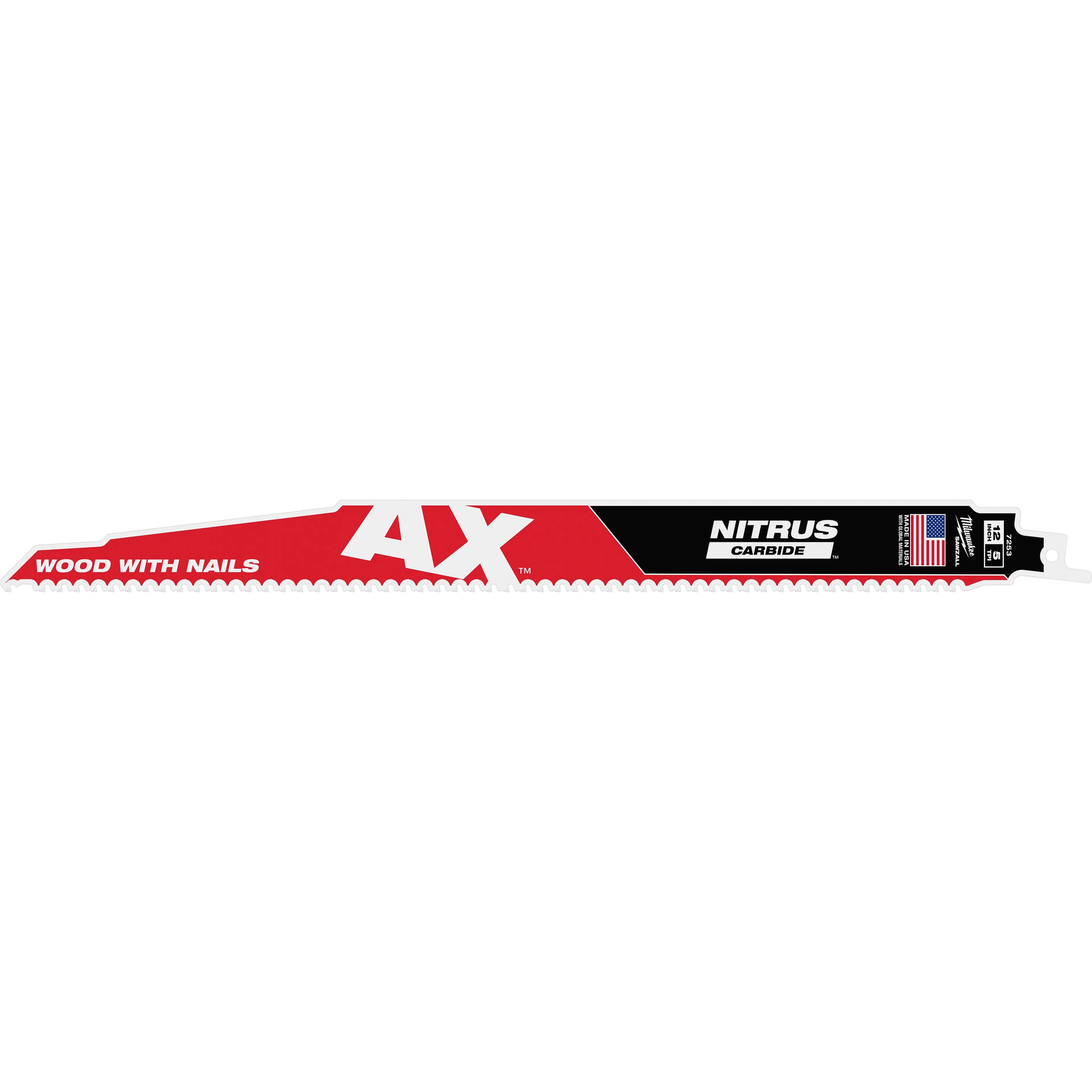 Milwaukee 48-00-7253 12" 5 TPI AX™ w/NITRUS™ Carbide Teeth SAWZALL® Blade for Wood with Nails - Ace Tool Group - Milwaukee