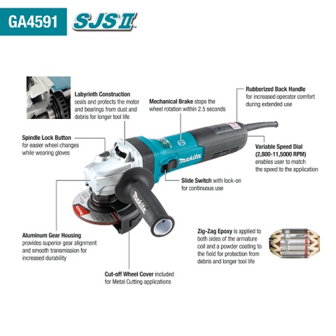 Makita 4-1/2" SJSÃ¢â€žÂ¢II Angle Grinder, 15 AMP, 2,800-11,500 RPM, var. spd., 5/8"-11, no lock-off, lock-on - Ace Tool Group - Makita