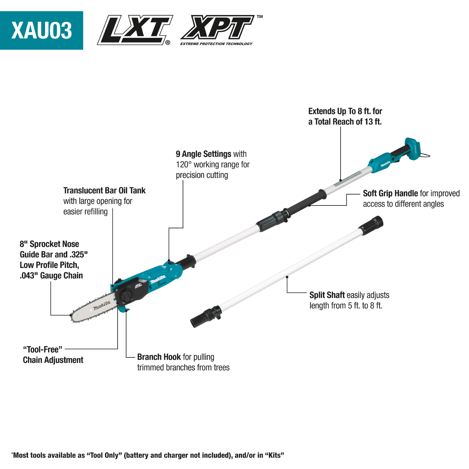 Makita XAU03Z 18V LXT Cordless 8" Extendable Articulating Pole Saw, Tool Only - Ace Tool Group - Makita
