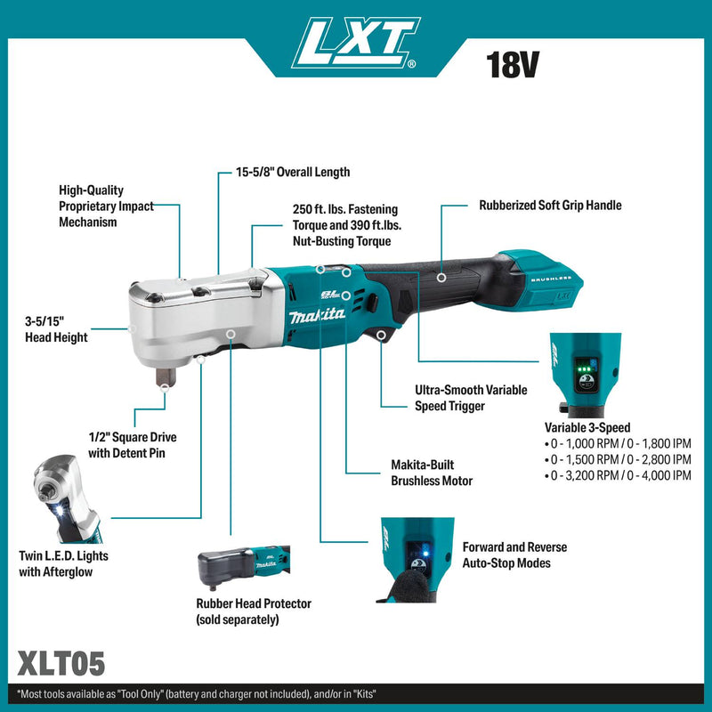 Makita XLT05Z 18V LXT Lithium-Ion Brushless Cordless High Torque 1/2" Sq. Drive Angle Impact Wrench w/ Detent Pin, Tool Only