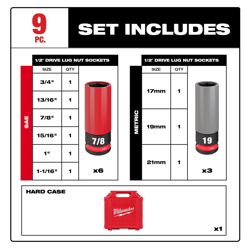 Milwaukee 49-66-7832 SHOCKWAVE Impact Duty 1/2 Drive SAE & Metric 9PC Lug Nut Wheel Socket Set - Ace Tool Group - Milwaukee
