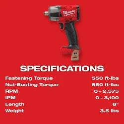 Milwaukee 2962-20 M18 FUEL 1/2" Mid-Torque Impact Wrench w/ Friction Ring Bare Tool - Ace Tool Group - Milwaukee
