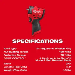 Milwaukee 3048-20 M12 FUEL 1/4 Inch Subcompact Impact Wrench with Friction Ring (Bare Tool) - Ace Tool Group - Milwaukee
