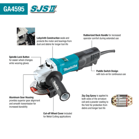 Makita 4-1/2" SJSII High-Angle Grinder, 15 AMP, 11,500 RPM, 5/8"-11, no lock-off, lock-on - Ace Tool Group - Makita