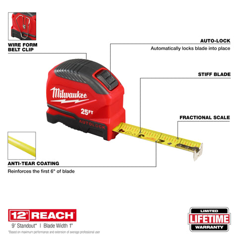 Milwaukee 48-22-1825 25ft Auto-Lock Tape Measure 6 Pack - Ace Tool Group - Milwaukee