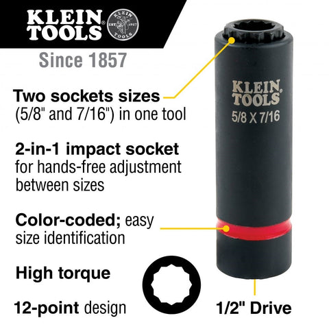 Klein 66012 2-in-1 Impact Socket, 12 pt, 5/8 and 7/16 in. - Ace Tool Group - Klein