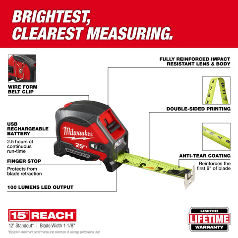 Milwaukee 48-22-0428 25ft Tape Measure w/ 100L Light