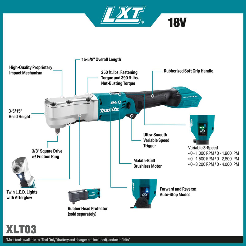 Makita XLT03Z 18V LXT Lithium-Ion Brushless Cordless High Torque 3/8" Sq. Drive Angle Impact Wrench w/ Friction Ring, Tool Only