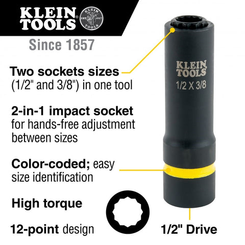 Klein 66011 2-in-1 Impact Socket, 12 pt, 1/2 and 3/8 in. - Ace Tool Group - Klein