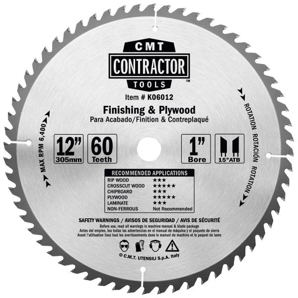 CMT K06012 ITK Contractor Finish & Plywood Saw Blade, 12 x 60 Teeth, 10¼ ATB with 1-Inch bore - Ace Tool Group - CMT