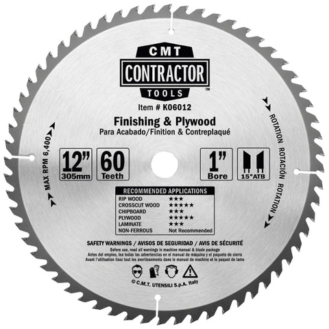 CMT K06010 ITK Contractor Finish & Plywood Saw Blade, 10 x 60 Teeth, 10¼ ATB with 5/8-Inch bore - Ace Tool Group - CMT