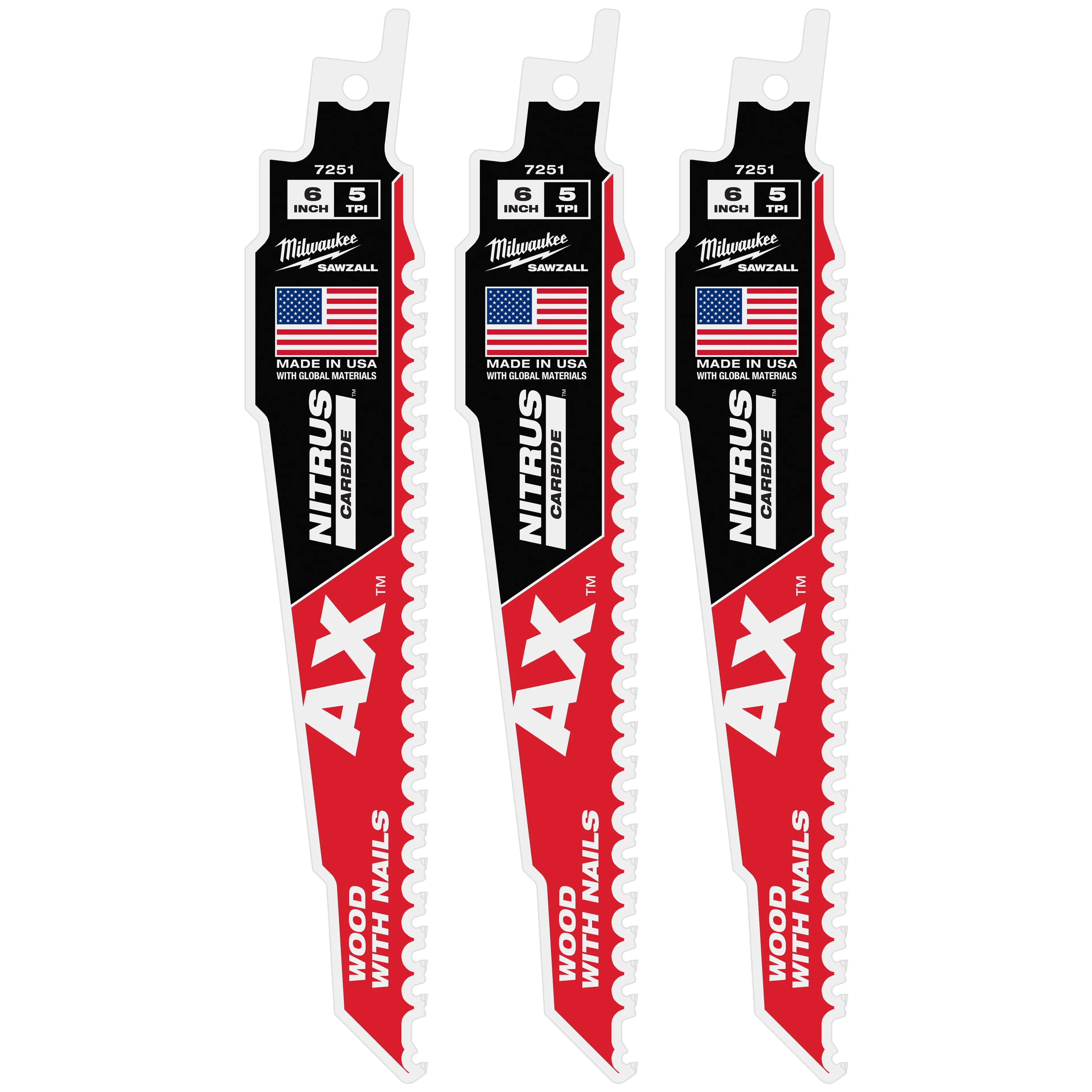 Milwaukee 48-00-7351 6" 5 TPI AX™ w/NITRUS™ Carbide Teeth SAWZALL® Blade for Wood with Nails 3PK - Ace Tool Group - Milwaukee