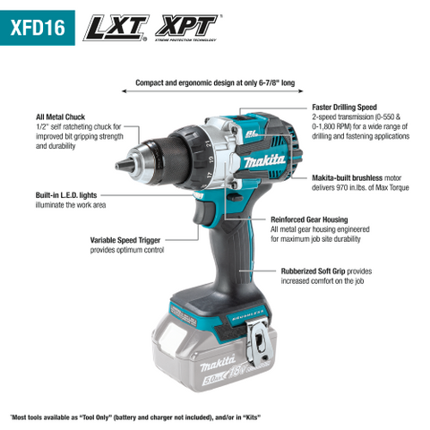 Makita 18V LXT Lithium-Ion Brushless Cordless 1/2" Driver-Drill Kit, 2-speed, var. speed., L.E.D. Light, bag (5.0Ah) - Ace Tool Group - Makita