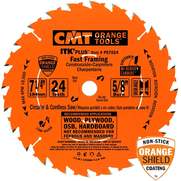 CMT P07024 ITK Plus Fast Framing Saw Blade, 7-1/4 x 24 Teeth, 10¼ ATB+Shear with 5/8-Inch bore - Ace Tool Group - CMT