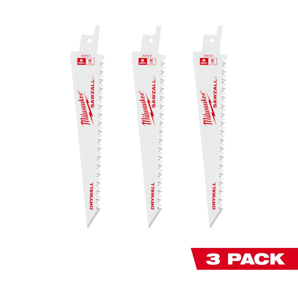 Milwaukee 6 8TPI Drywall SAWZALL Blades (3 pk) - Ace Tool Group - Milwaukee