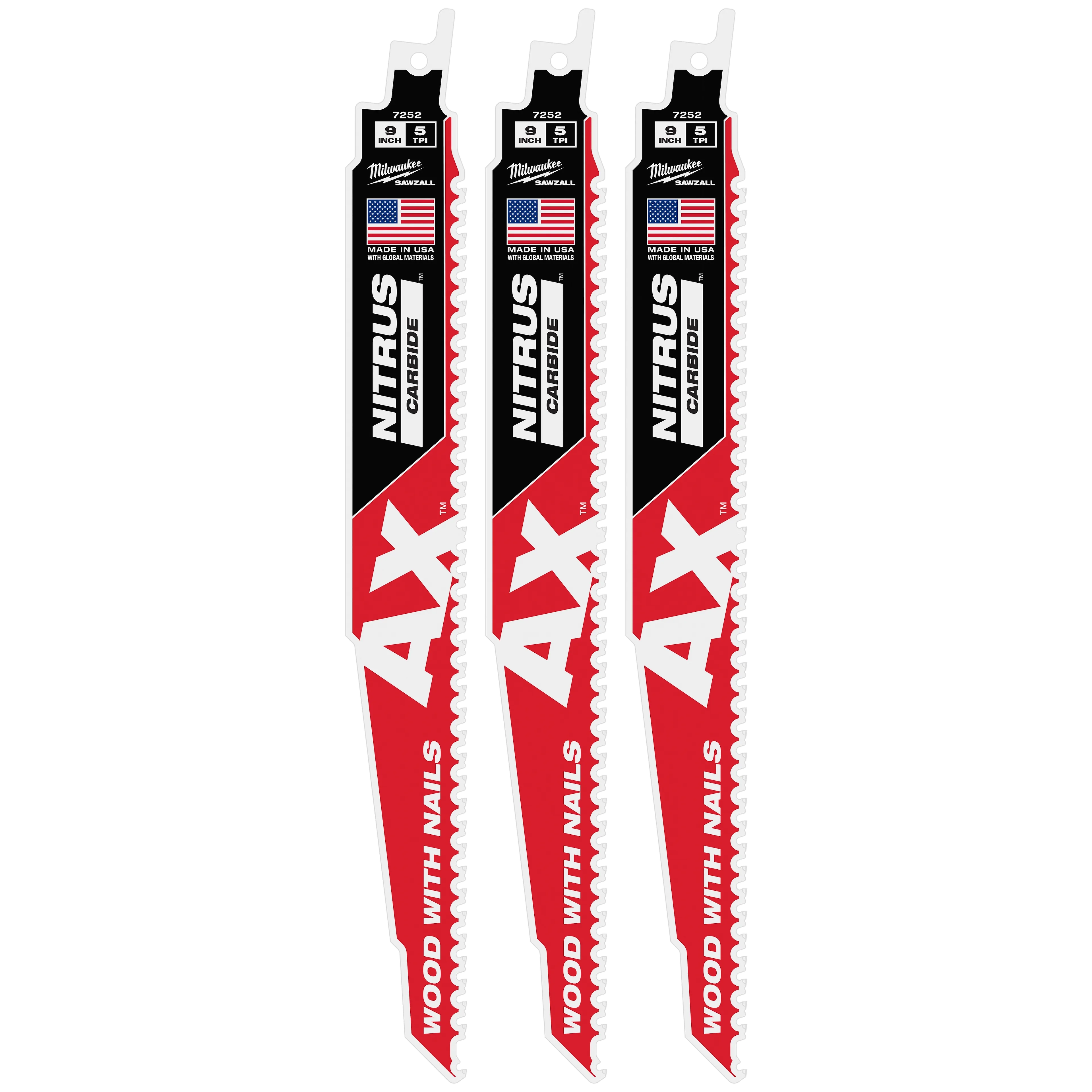 Milwaukee 48-00-7352 9" 5 TPI AX™ w/NITRUS™ Carbide Teeth SAWZALL® Blade for Wood with Nails 3PK - Ace Tool Group - Milwaukee