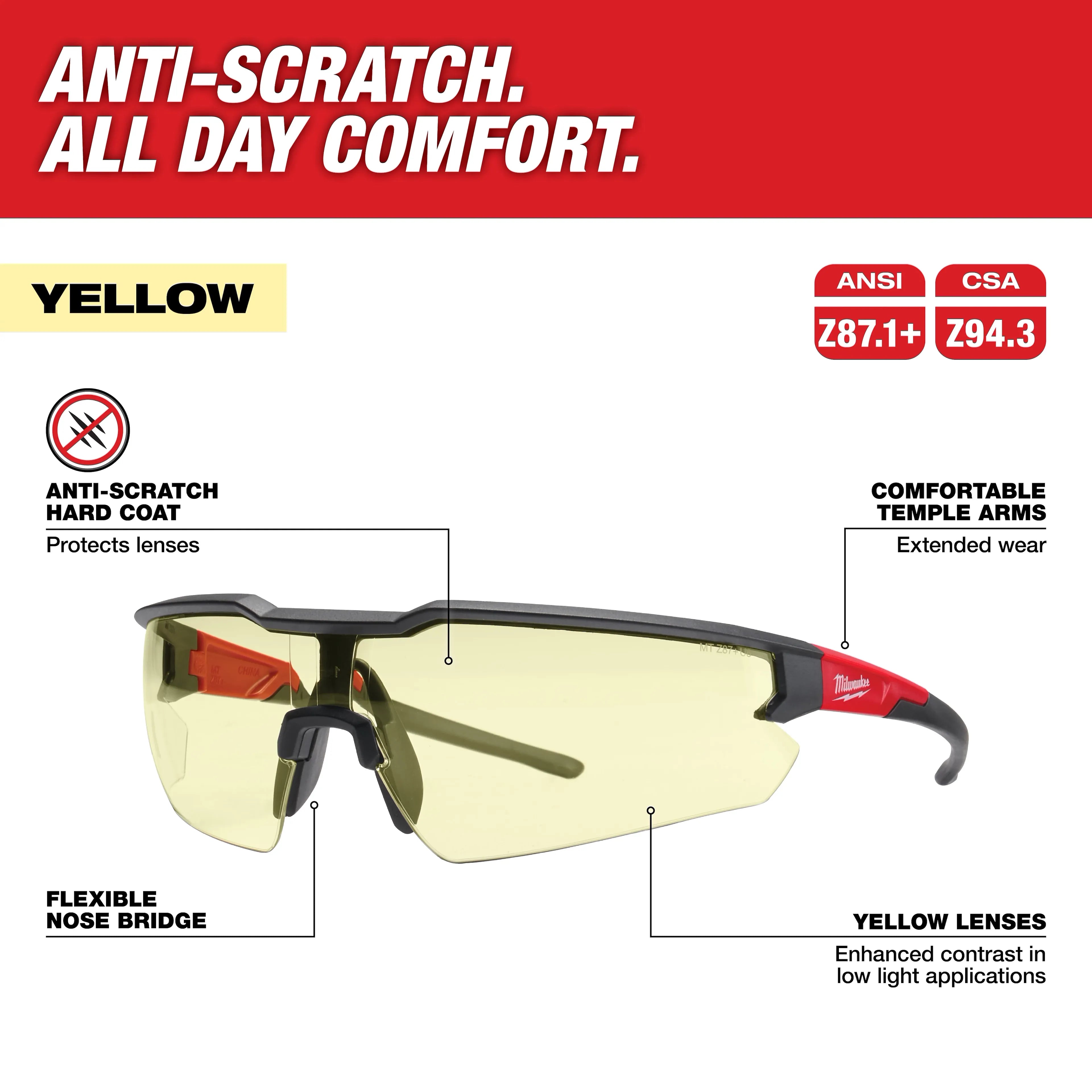Milwaukee 48-73-2100 Safety Glasses - Yellow Anti-Scratch Lenses 6 Pack - Ace Tool Group - Milwaukee