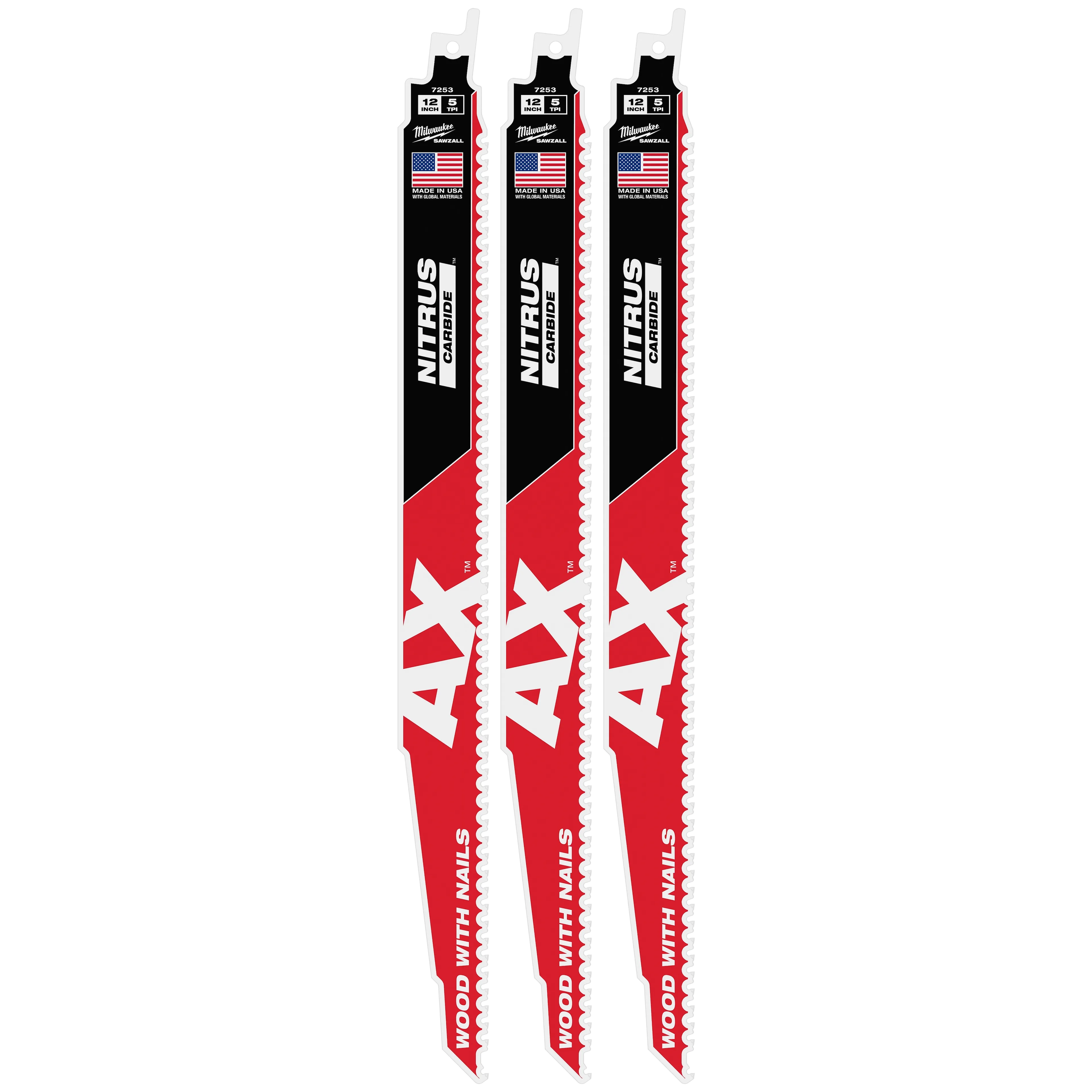 MIlwaukee 48-00-7353 12" 5 TPI AX™ w/NITRUS™ Carbide Teeth SAWZALL® Blade for Wood with Nails 3PK - Ace Tool Group - milwaukee