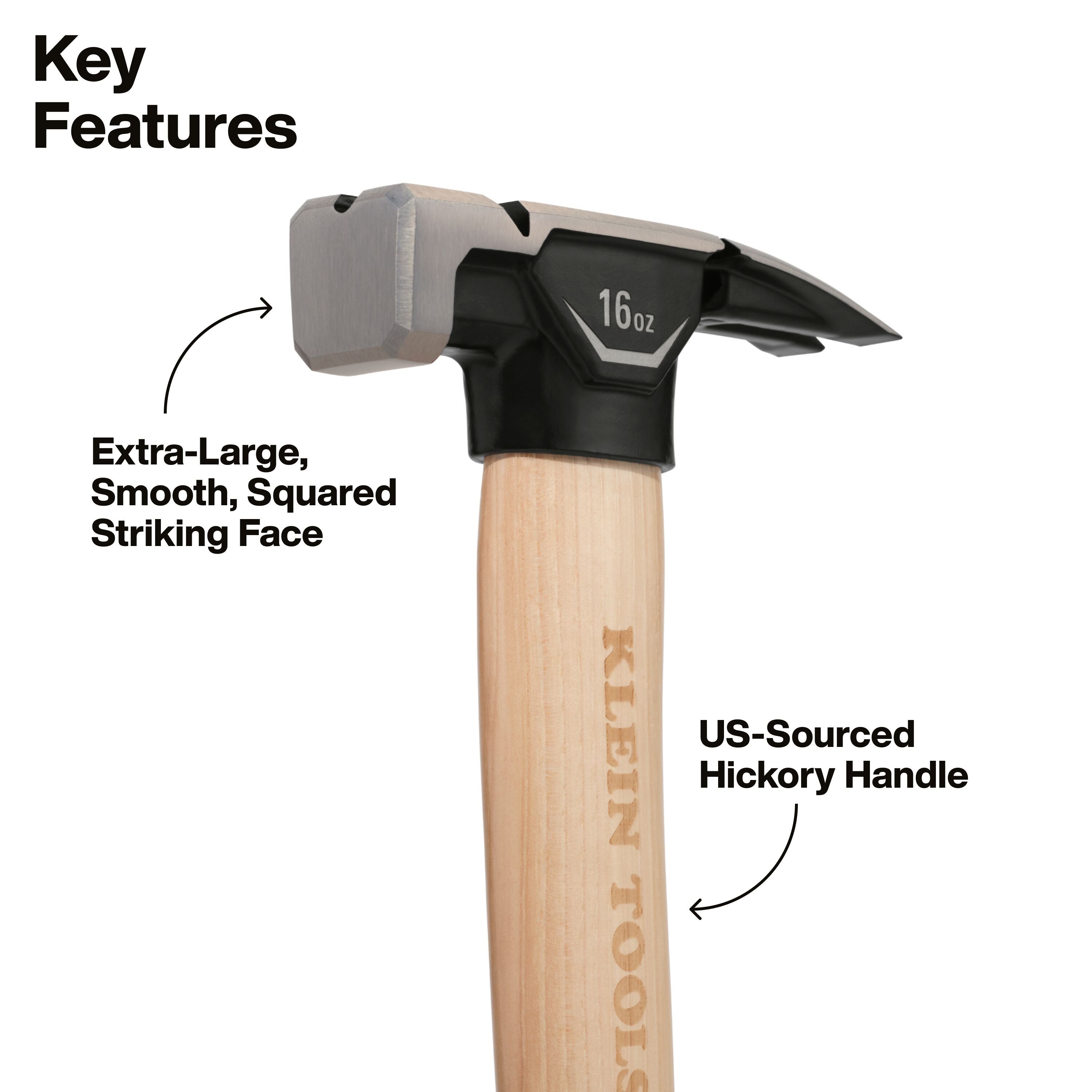 Klein H80916HS Smooth Face Hickory Handle Hammer, 16-Ounce - Ace Tool Group - Klein