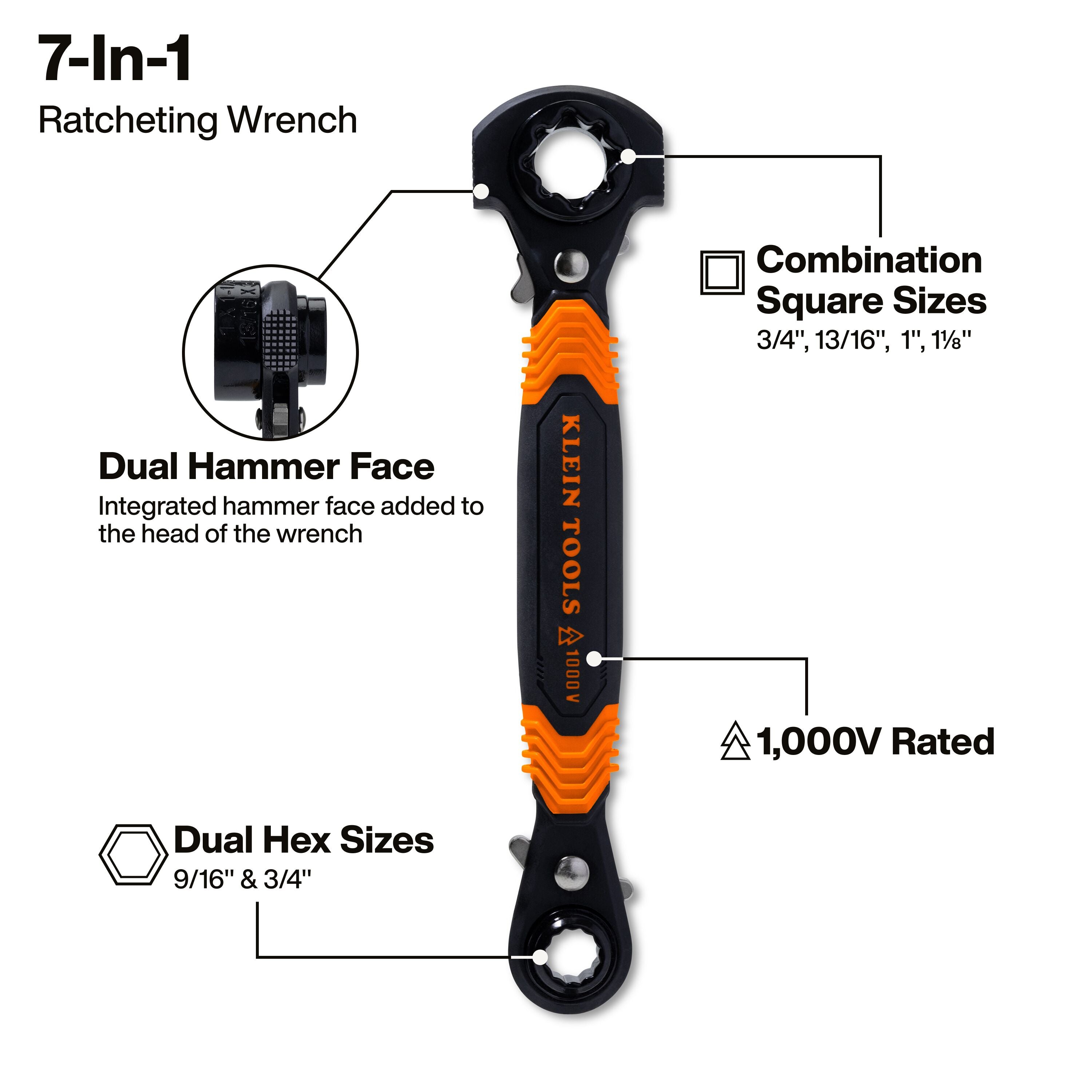 Klein KLE-KT175HFINS 7-in-1 Hammer Facing Insulated Lineman Wrench - Ace Tool Group - Klein Tools