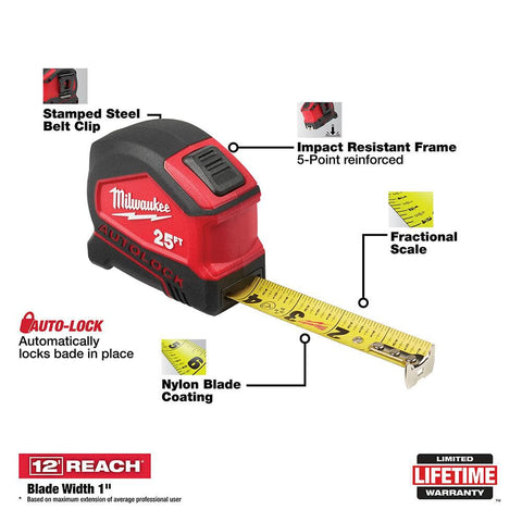Milwaukee 48-22-6825 25ft Compact Auto-Lock Tape Measure - Ace Tool Group - Milwaukee