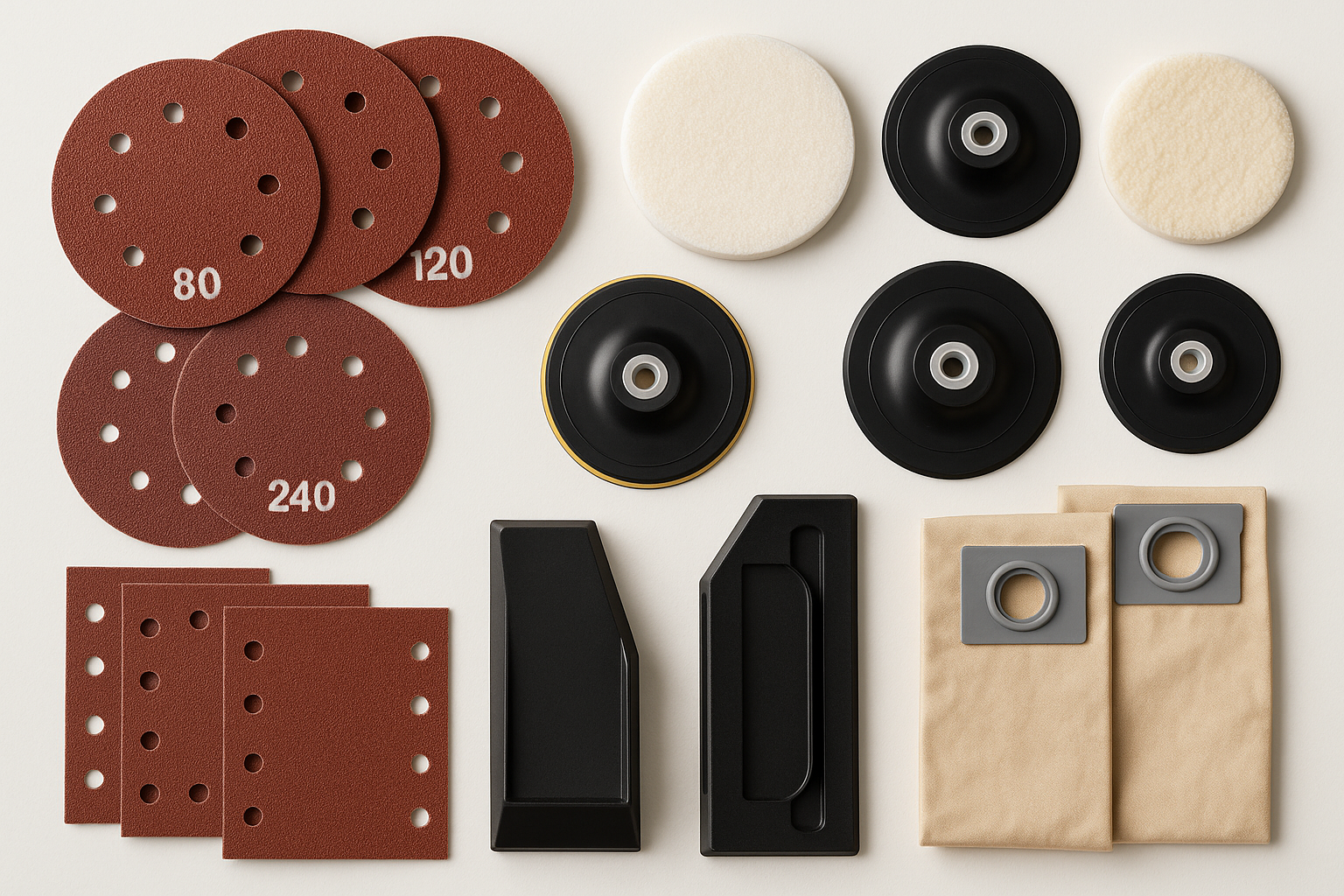 Sander Accessories - Hook and loop sanding discs, polishing discs, backer pads, sanding sheets, guides, dust bags